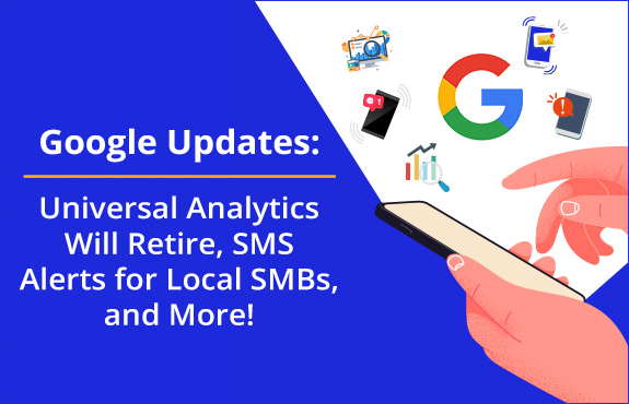 Phone Surrounded by Analytics and SMS Icons as Google Launches Text Alerts and Retires Universal Analytics