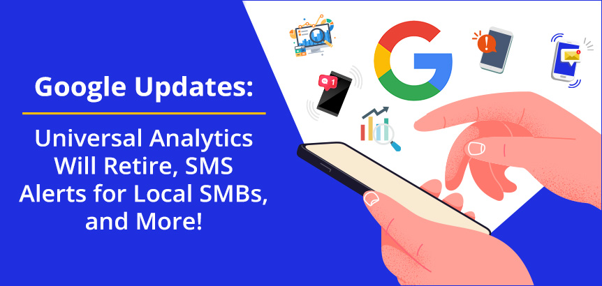 Phone Surrounded by Analytics and SMS Icons as Google Launches Text Alerts and Retires Universal Analytics