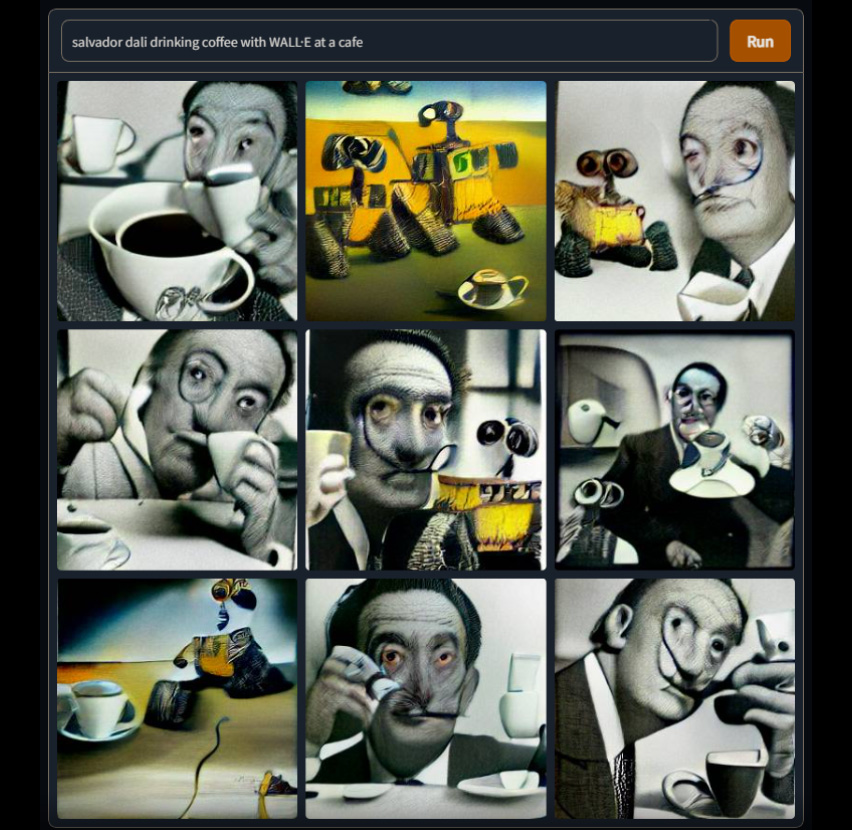 Salvador Dali Having Coffee With Pixar's Wall-E Made by DALL-E Mini AI Image Generator