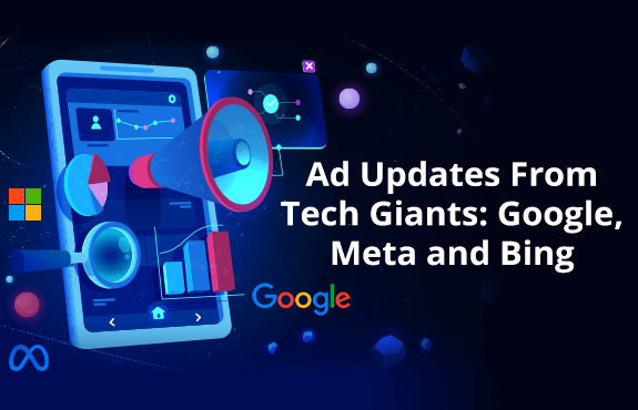 Phone Surrounded by Tech and Bullhorn Ad Icons Symbolizing Ad Updates From Google, Meta, and Bing