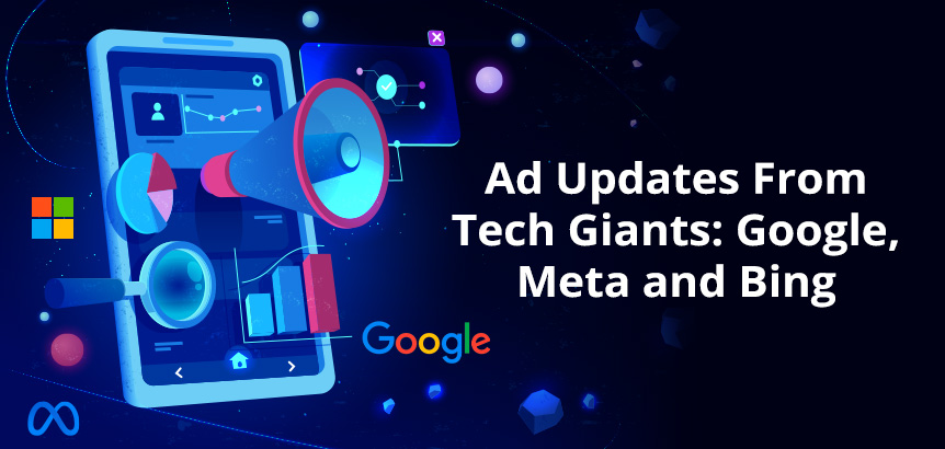 Phone Surrounded by Tech and Bullhorn Ad Icons Symbolizing Ad Updates From Google, Meta, and Bing