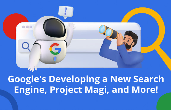 Google's New AI-Powered Search Engine Bot Magi Helping a User Who's Holding Binoculars Search Online