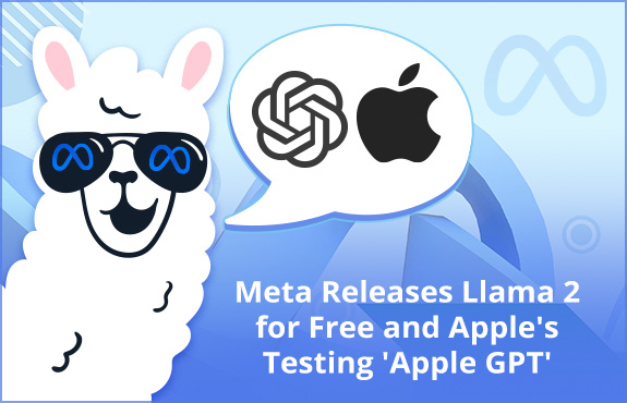 Llama Wearing Meta-Themed Sunglasses With Speech Bubble Showing OpenAI/Apple Logos; Meta Releases Llama 2 and Apple's Testing Apple GPT