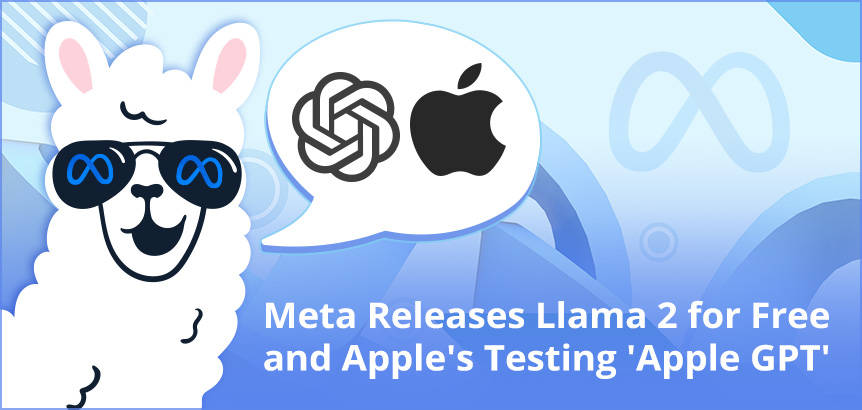 Llama Wearing Meta-Themed Sunglasses With Speech Bubble Showing OpenAI/Apple Logos; Meta Releases Llama 2 and Apple's Testing Apple GPT