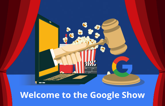 Laptop Screen Showing Popcorn and Gavel with G for Google Logo