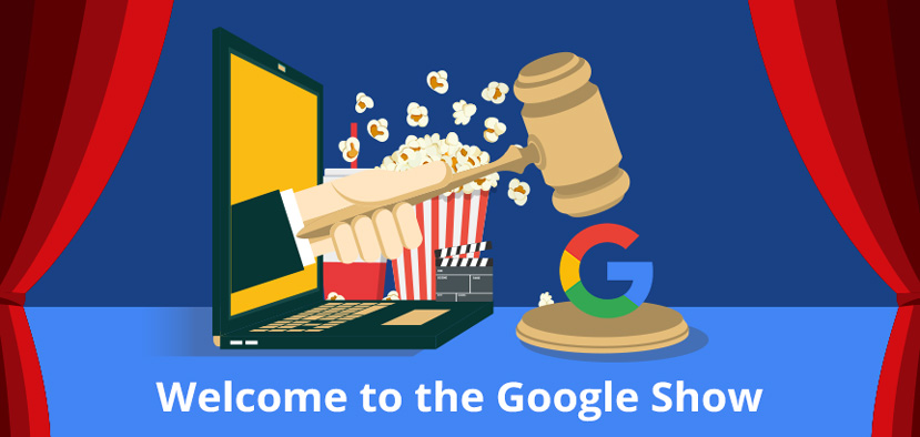 Laptop Screen Showing Popcorn and Gavel with G for Google Logo