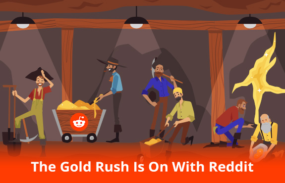 Prospectors Mining Gold with Reddit Logo on Cart