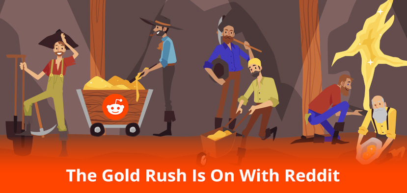 Prospectors Mining Gold with Reddit Logo on Cart