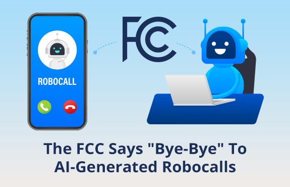 Robot at desk blocked by FCC logo from reaching phone that says Robocalls