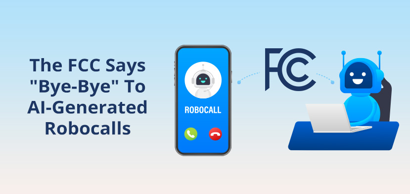 Robot at desk blocked by FCC logo from reaching phone that says Robocalls