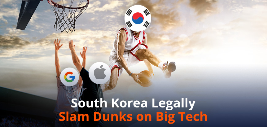 Basketball Game With South Korea Flag on Player's Face Slam Dunking Over Google and Apple Logo