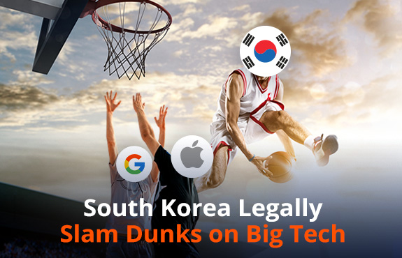 Basketball Game With South Korea Flag on Player's Face Slam Dunking Over Google and Apple Logo